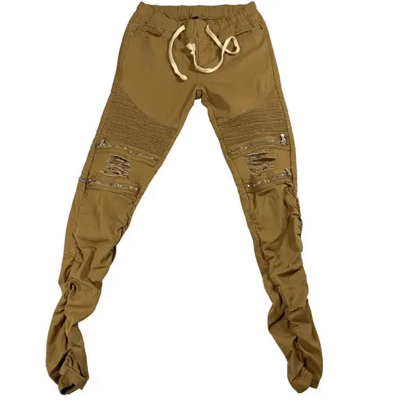 Moto Jogger Pants Mens M Tan Biker Distressed Zipper Streetwear Skinny Fit Y2K - Picture 1 of 8